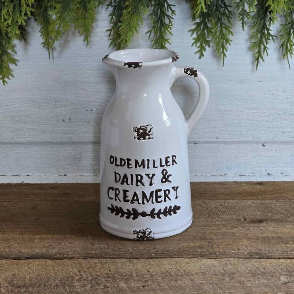 Small White & Brown Ceramic Distressed Milk Pitcher Farmhouse Kitchen Decor - Picture 6 of 9